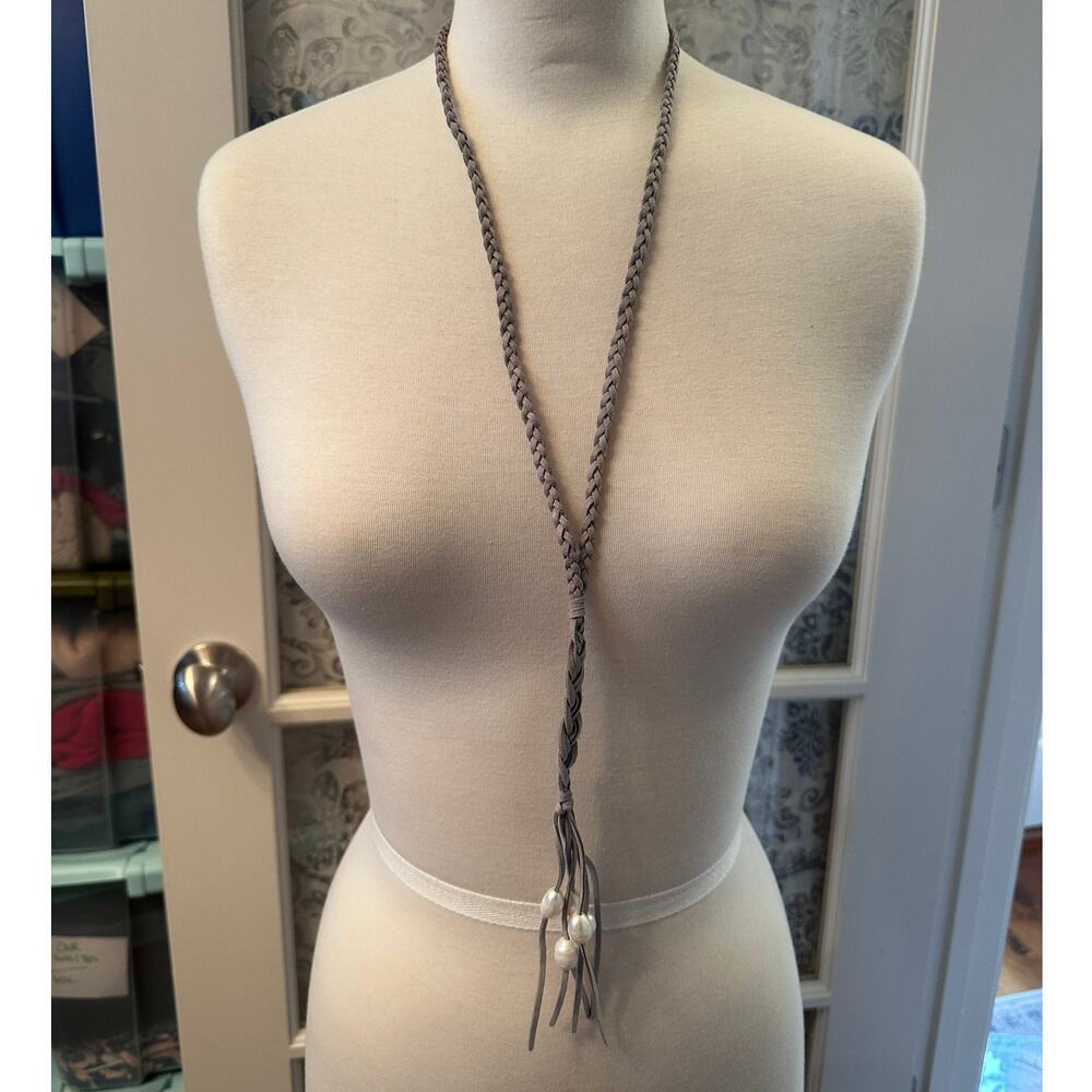 NEW Grey Braided Leather and Pearl Lariat Necklace